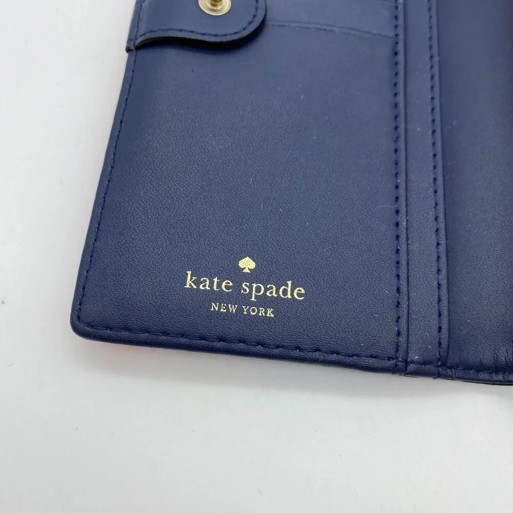 Kate Spade slim bi fold wallet Stripe blue pink button shut pocket book leather‎